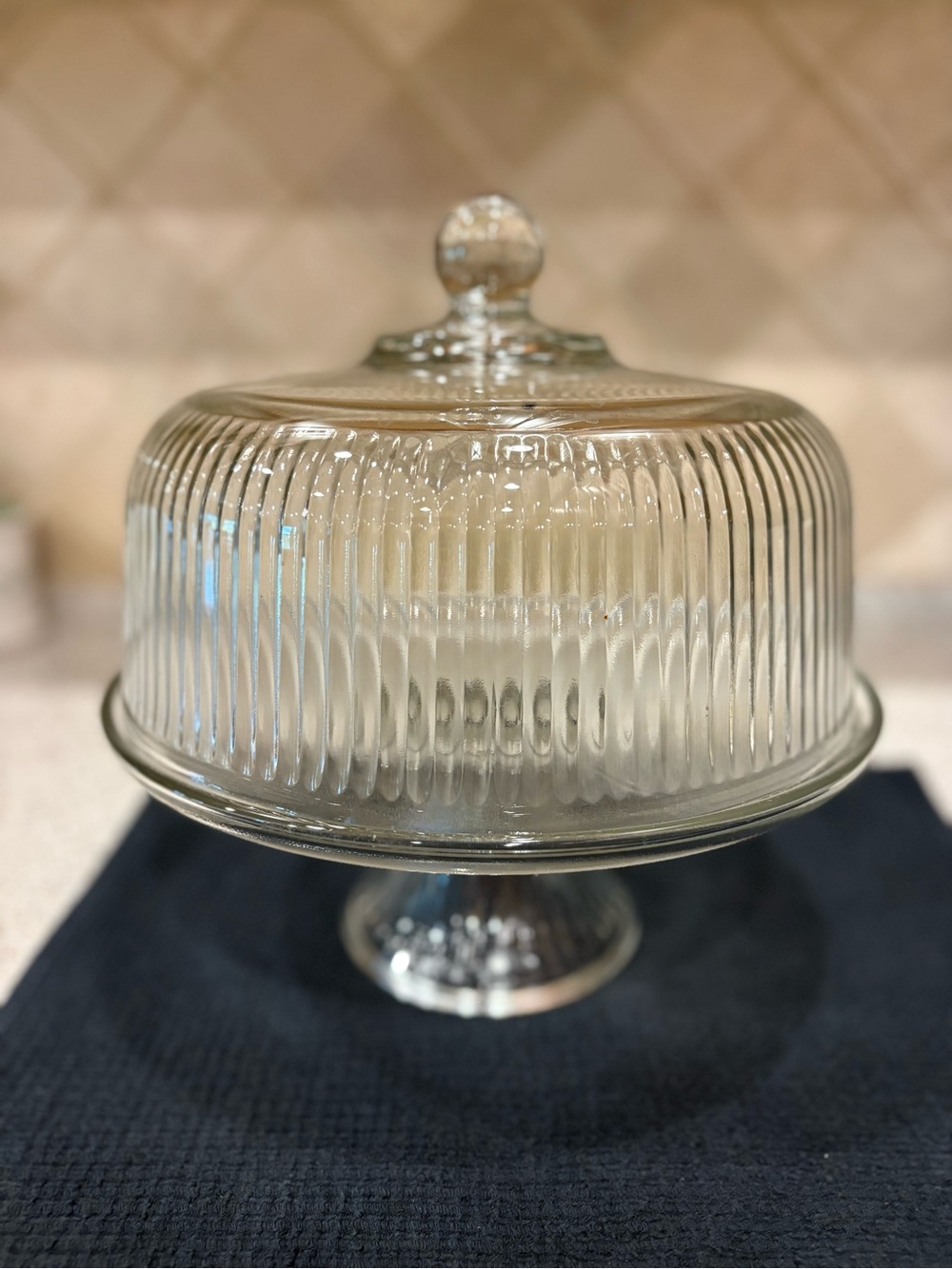Vintage Anchor Hocking Monaco 2-in-1 Ribbed Glass Cake Stand and Dome Cover